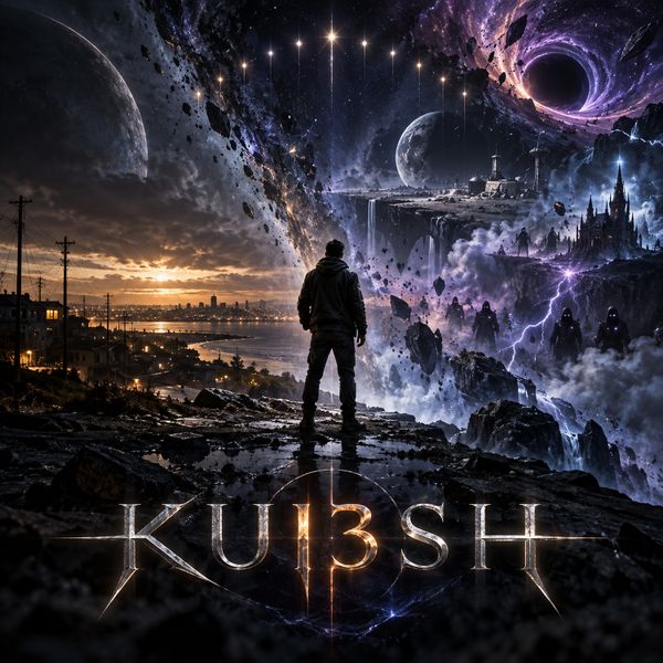 KU13SH official cover: a figure between a golden city and cosmic worlds beneath thirteen lights